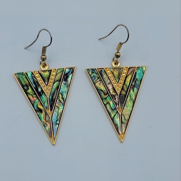Vintage Goldtone Geometric V Shape Abalone Earrings #1216 - Picture 8 of 11